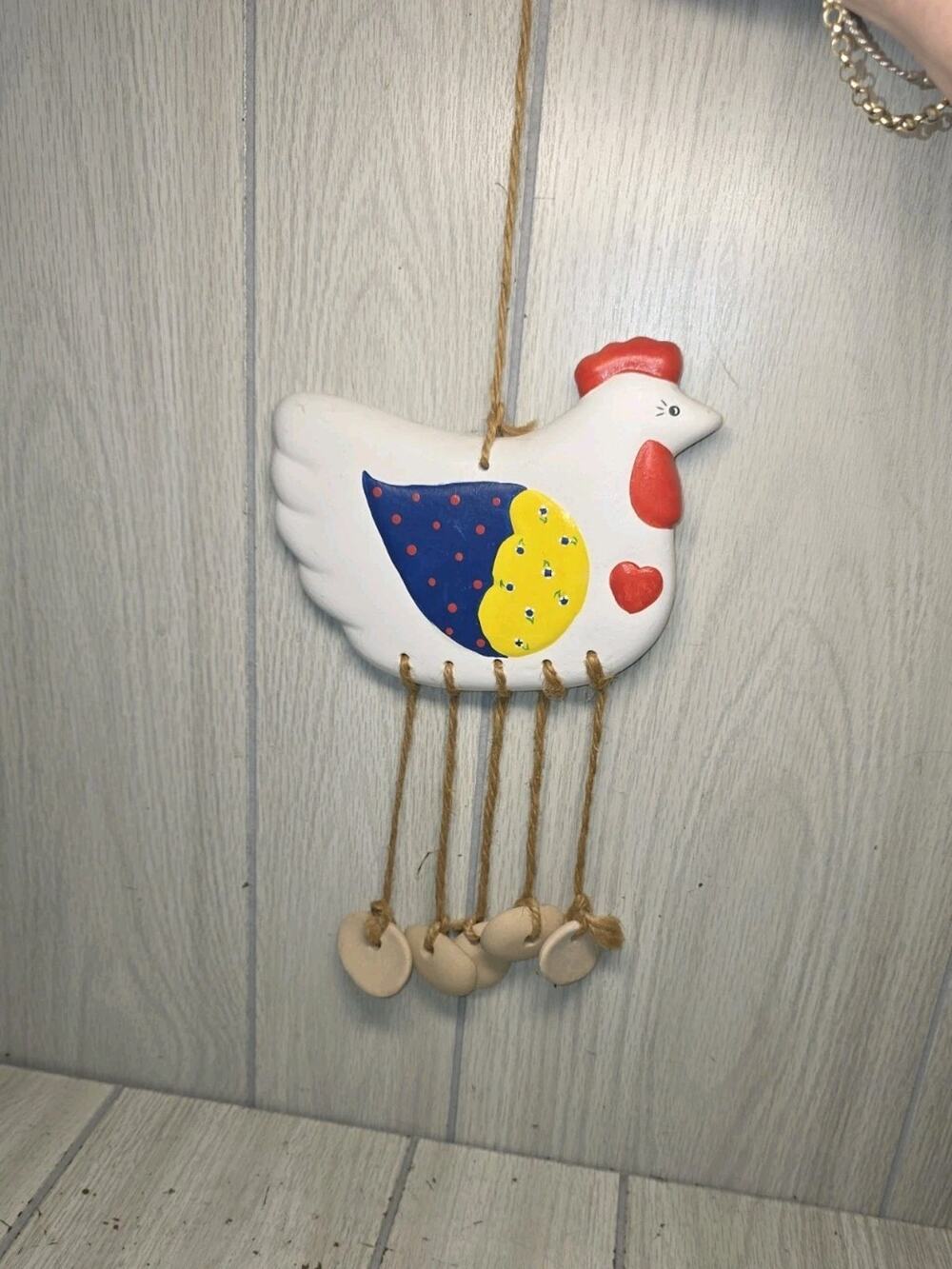 Vintage Hand Made Folk Art Pottery Chicken W/Eggs Windchime Figure Hen Country